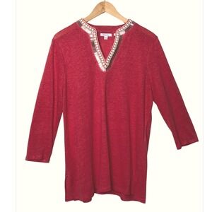 Chicos Coral Linen Beaded‎ V Neck 3/4 Sleeve Tunic Top Large Boho Beach Casual